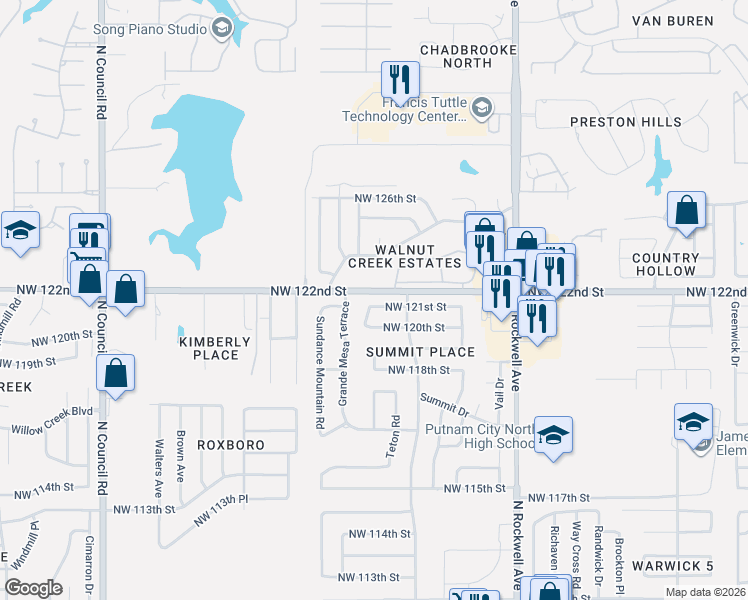 map of restaurants, bars, coffee shops, grocery stores, and more near 7201 Northwest 122nd Street in Oklahoma City