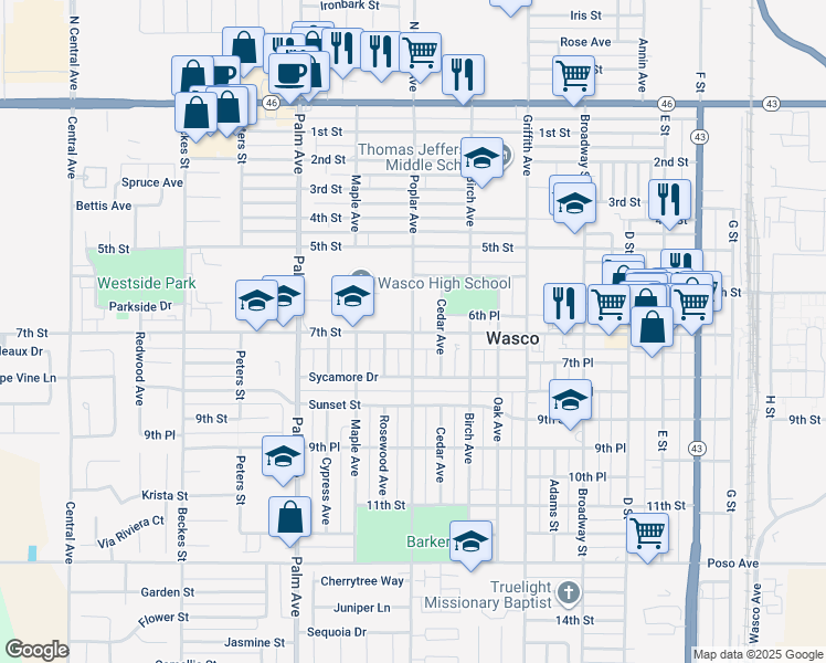 map of restaurants, bars, coffee shops, grocery stores, and more near in Wasco