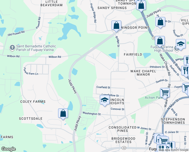 map of restaurants, bars, coffee shops, grocery stores, and more near 703 Coefield Street in Fuquay-Varina