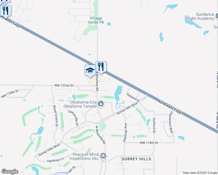 map of restaurants, bars, coffee shops, grocery stores, and more near 11303 Northwest 121st Place in Yukon