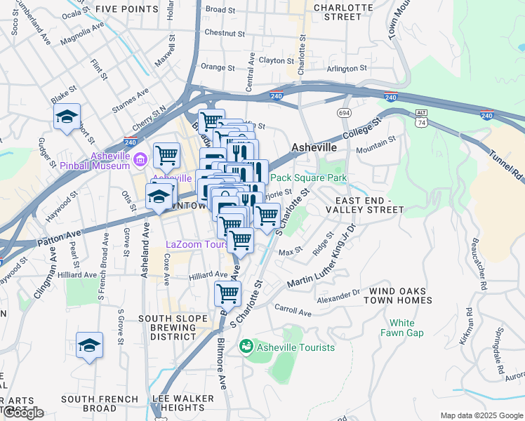 map of restaurants, bars, coffee shops, grocery stores, and more near 46 Eagle Street in Asheville