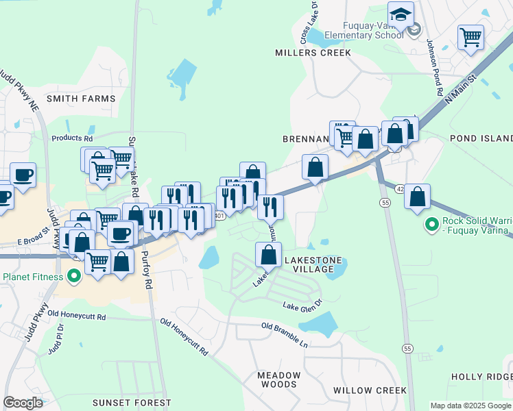 map of restaurants, bars, coffee shops, grocery stores, and more near 1480 North Main Street in Fuquay-Varina