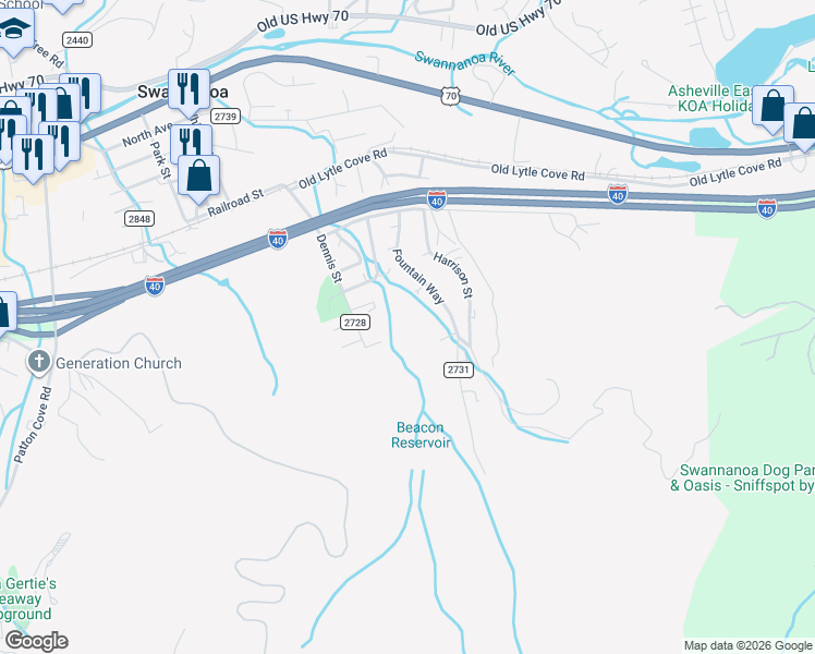 map of restaurants, bars, coffee shops, grocery stores, and more near 99999 Lytle Cove Road in Swannanoa