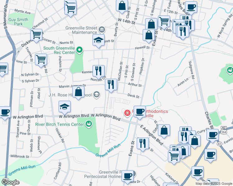map of restaurants, bars, coffee shops, grocery stores, and more near 1909 McClellan Street in Greenville