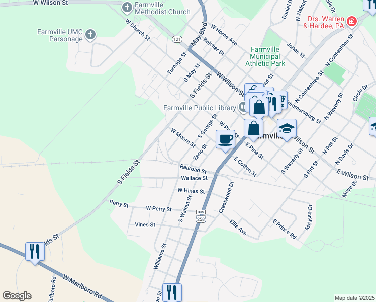 map of restaurants, bars, coffee shops, grocery stores, and more near 300-398 Moore St in Farmville