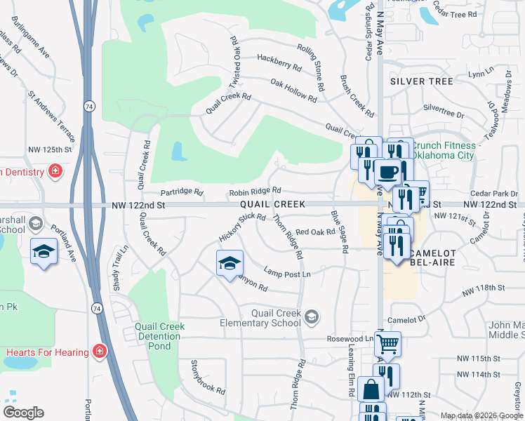 map of restaurants, bars, coffee shops, grocery stores, and more near 3212 Robin Ridge Road in Oklahoma City