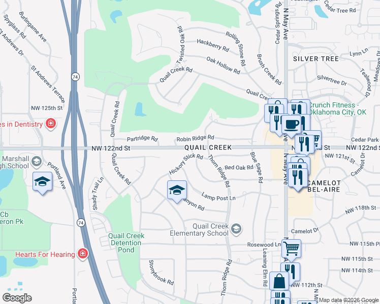 map of restaurants, bars, coffee shops, grocery stores, and more near 3212 Robin Ridge Road in Oklahoma City