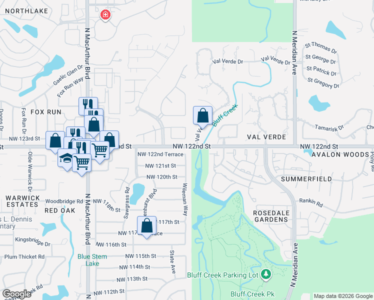 map of restaurants, bars, coffee shops, grocery stores, and more near 5204 Northwest 123rd Terrace in Oklahoma City