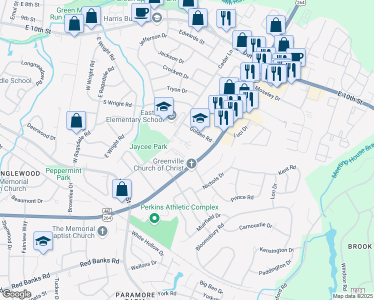 map of restaurants, bars, coffee shops, grocery stores, and more near 106 Cedar Court in Greenville