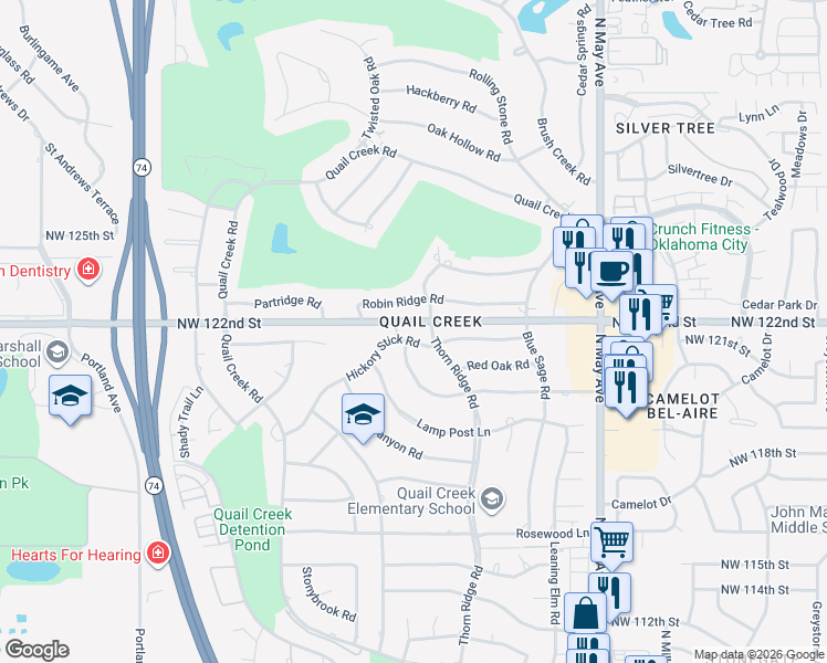 map of restaurants, bars, coffee shops, grocery stores, and more near 3212 Robin Ridge Road in Oklahoma City