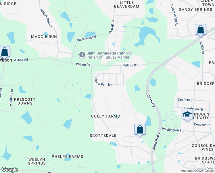 map of restaurants, bars, coffee shops, grocery stores, and more near Forest Fern Lane in Fuquay Varina