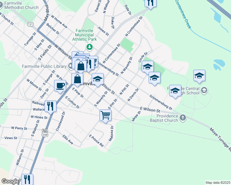 map of restaurants, bars, coffee shops, grocery stores, and more near 3582 East Wilson Street in Farmville