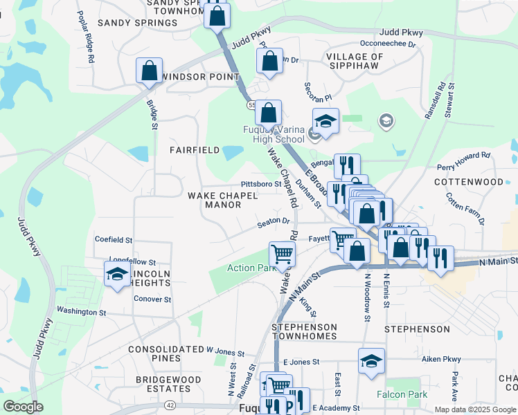 map of restaurants, bars, coffee shops, grocery stores, and more near 808 Sheridan Court in Fuquay Varina