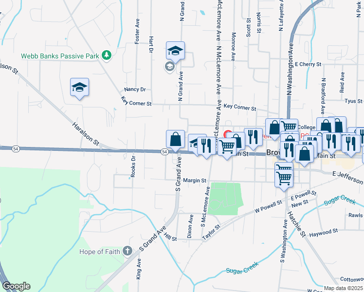 map of restaurants, bars, coffee shops, grocery stores, and more near 100 North Grand Avenue in Brownsville