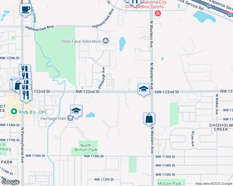 map of restaurants, bars, coffee shops, grocery stores, and more near 1400 Northwest 122nd Street in Oklahoma City
