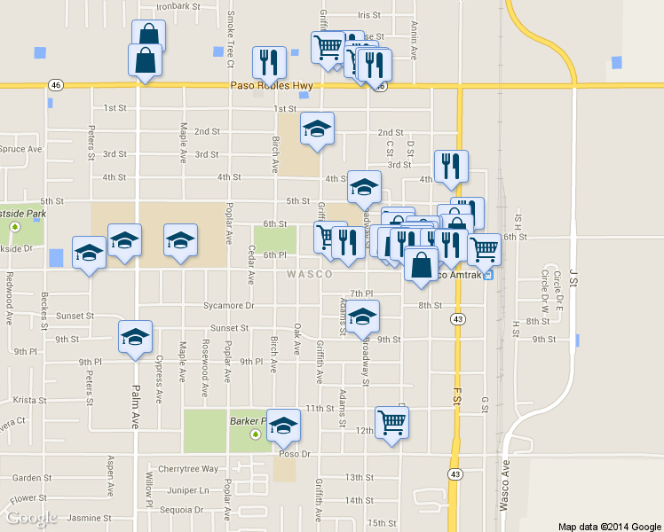 map of restaurants, bars, coffee shops, grocery stores, and more near 1220 7th St in Wasco