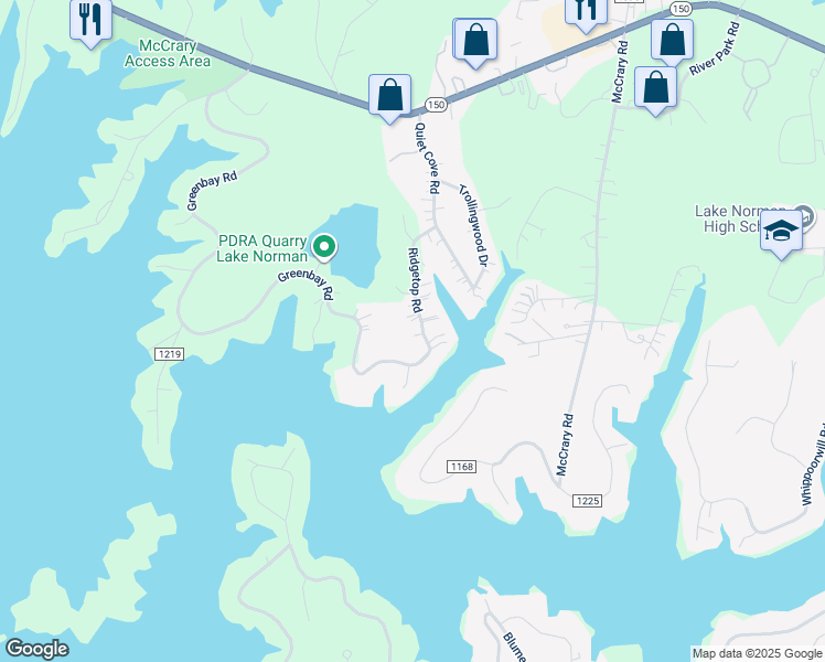 map of restaurants, bars, coffee shops, grocery stores, and more near 162 Hilltop Lane in Mooresville