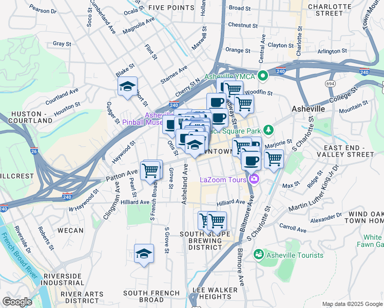 map of restaurants, bars, coffee shops, grocery stores, and more near 37 Battery Park Avenue in Asheville
