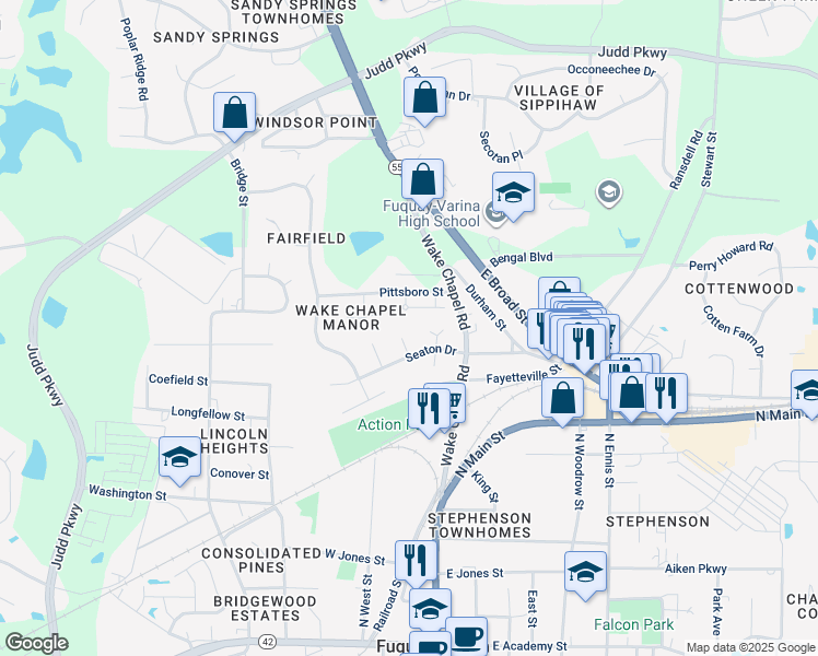 map of restaurants, bars, coffee shops, grocery stores, and more near 808 Sheridan Court in Fuquay Varina