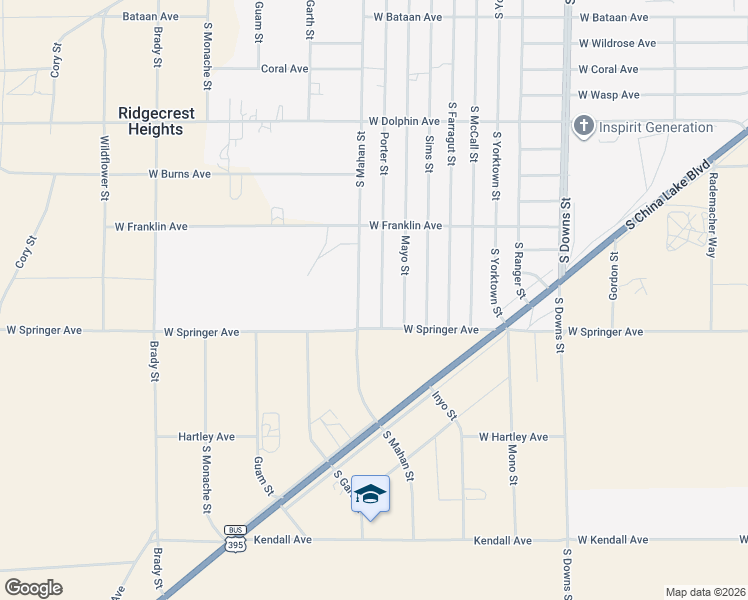 map of restaurants, bars, coffee shops, grocery stores, and more near 1621 Porter Street in Ridgecrest