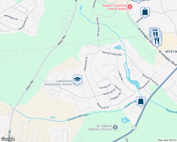 map of restaurants, bars, coffee shops, grocery stores, and more near 3409 Ellsworth Drive in Greenville