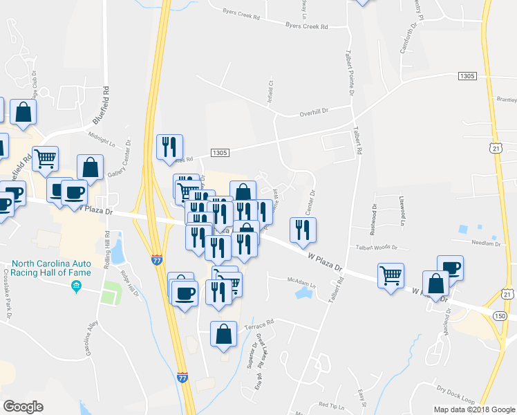 map of restaurants, bars, coffee shops, grocery stores, and more near 132 Mangum Circle in Mooresville