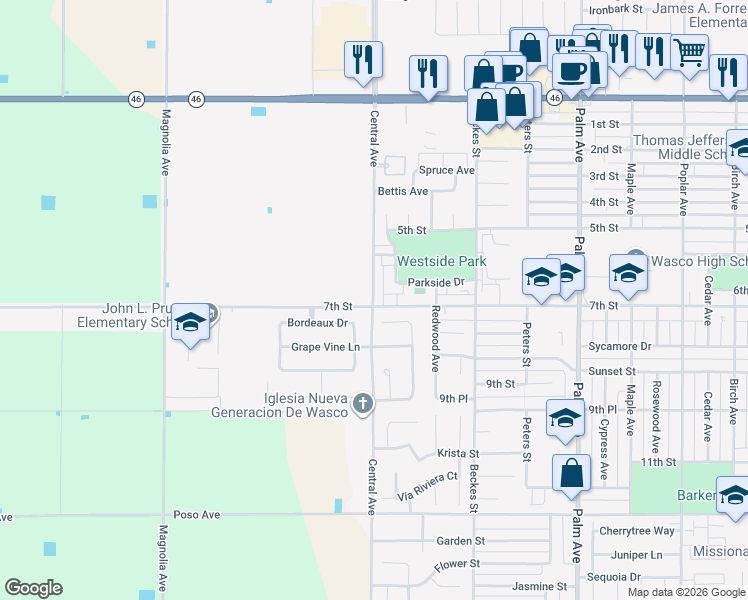 map of restaurants, bars, coffee shops, grocery stores, and more near 641 Woodside Drive in Wasco