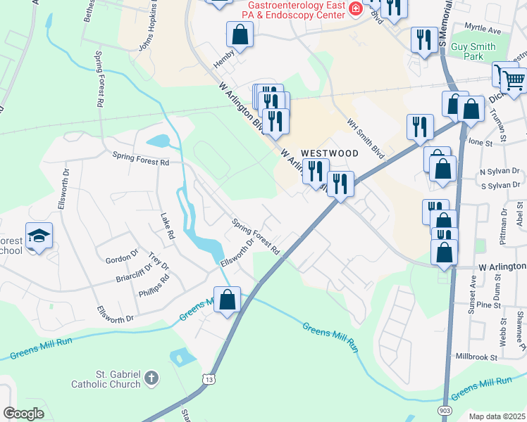 map of restaurants, bars, coffee shops, grocery stores, and more near 985 Spring Forest Road in Greenville