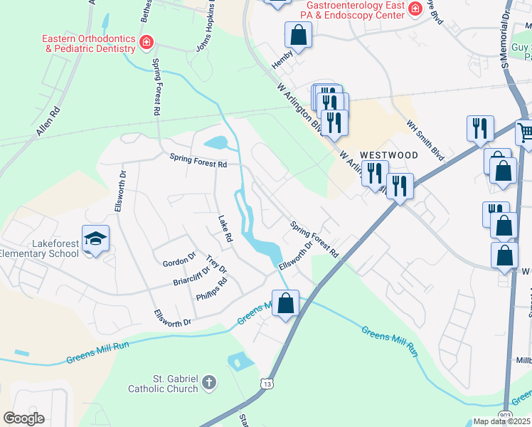 map of restaurants, bars, coffee shops, grocery stores, and more near 900 Spring Forest Road in Greenville