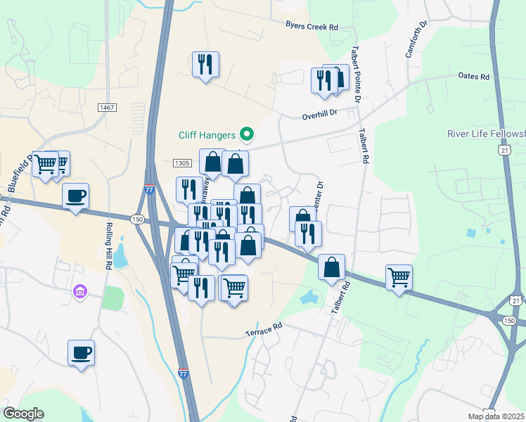 map of restaurants, bars, coffee shops, grocery stores, and more near 132 Mangum Circle in Mooresville