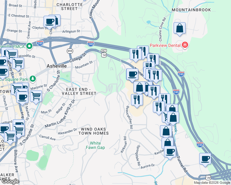 map of restaurants, bars, coffee shops, grocery stores, and more near 292 Beaucatcher Road in Asheville