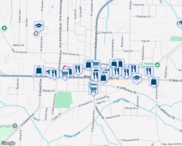map of restaurants, bars, coffee shops, grocery stores, and more near 107 North Lafayette Avenue in Brownsville