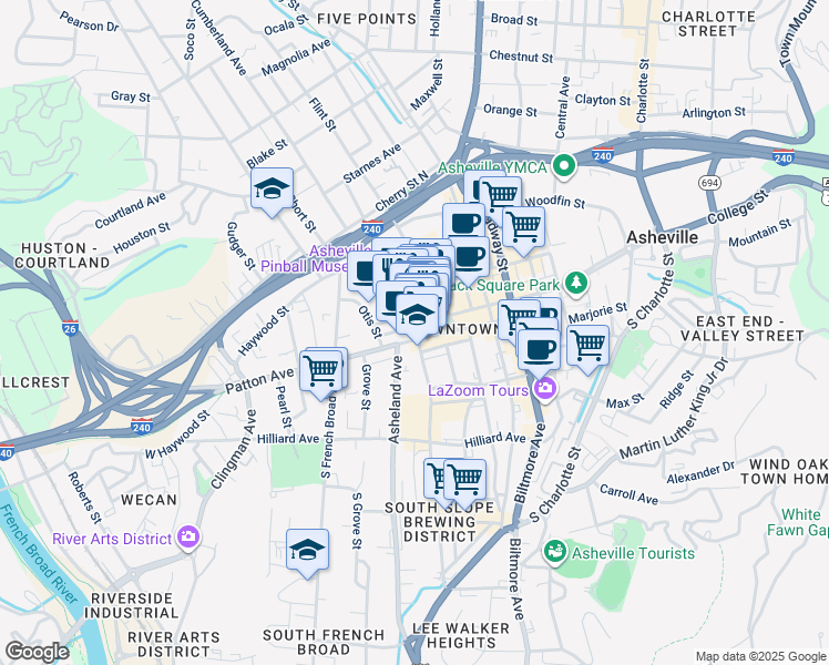 map of restaurants, bars, coffee shops, grocery stores, and more near 37 Battery Park Avenue in Asheville