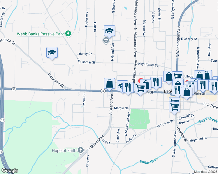 map of restaurants, bars, coffee shops, grocery stores, and more near 705 West Main Street in Brownsville