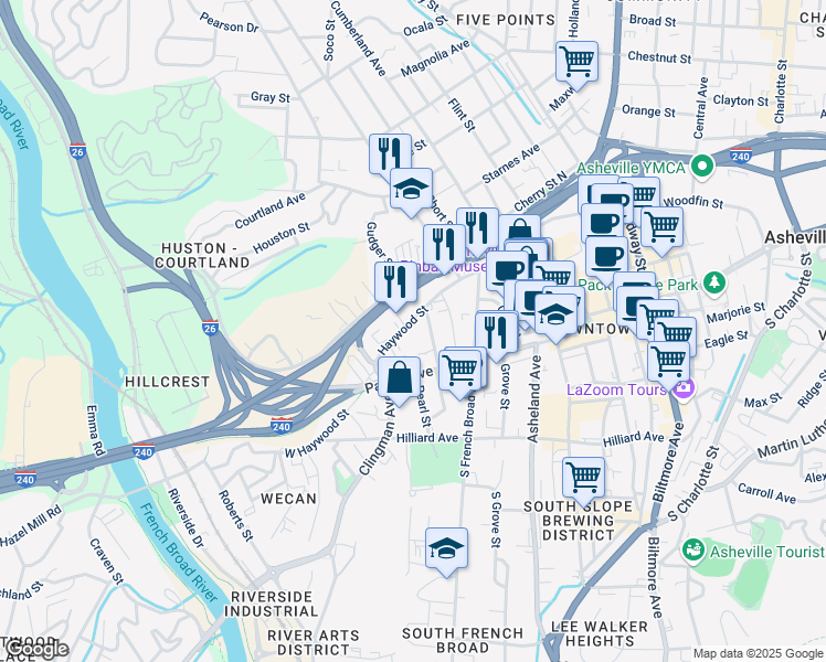 map of restaurants, bars, coffee shops, grocery stores, and more near 231 Haywood St in Asheville