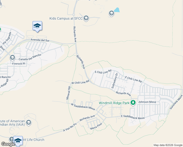 map of restaurants, bars, coffee shops, grocery stores, and more near 19 East Chili Line Road in Santa Fe