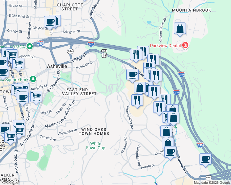 map of restaurants, bars, coffee shops, grocery stores, and more near 292 Beaucatcher Road in Asheville