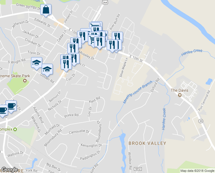 map of restaurants, bars, coffee shops, grocery stores, and more near 3314 Moseley Drive in Greenville