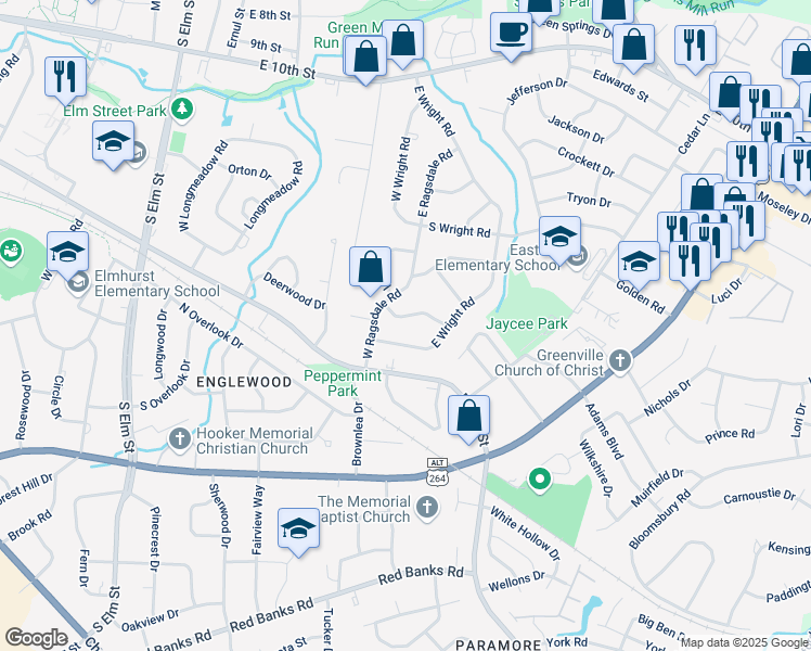 map of restaurants, bars, coffee shops, grocery stores, and more near 2411 Umstead Avenue in Greenville