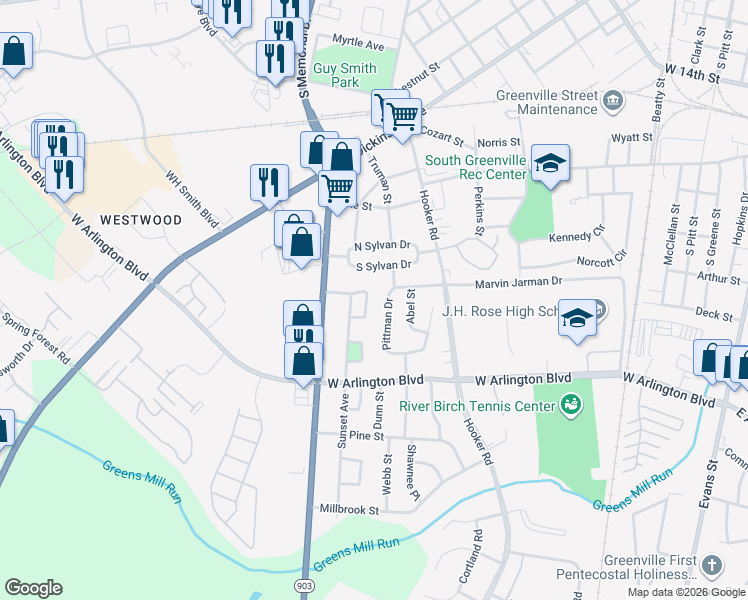 map of restaurants, bars, coffee shops, grocery stores, and more near 200-204 Glenwood Dr in Greenville