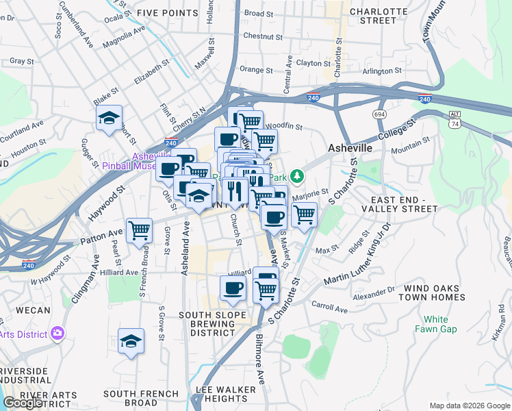 map of restaurants, bars, coffee shops, grocery stores, and more near 11 Patton Avenue in Asheville