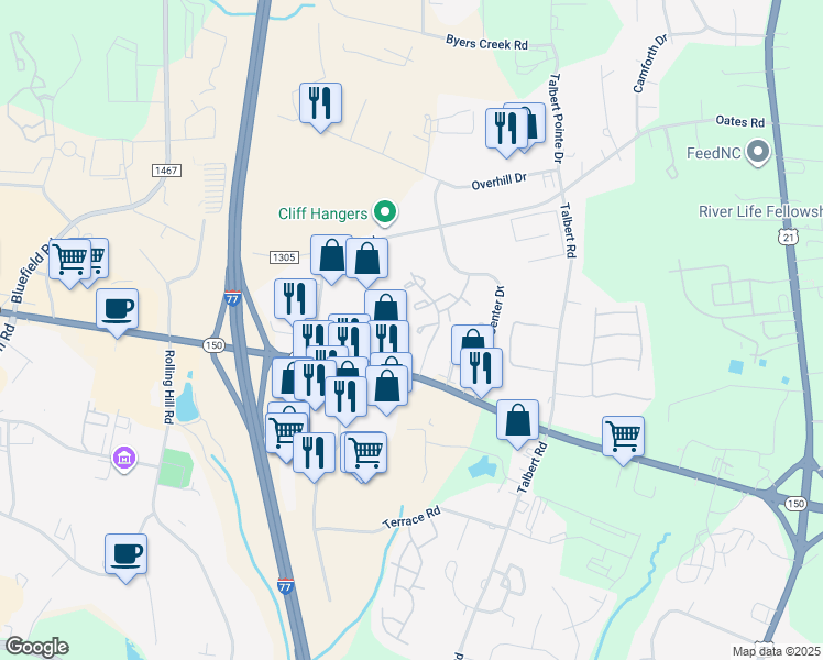 map of restaurants, bars, coffee shops, grocery stores, and more near 128 Mangum Circle in Mooresville