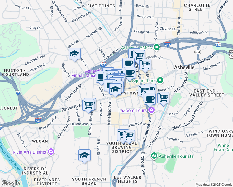 map of restaurants, bars, coffee shops, grocery stores, and more near 37 Battery Park Avenue in Asheville