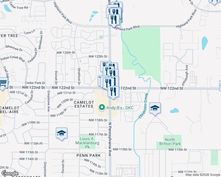 map of restaurants, bars, coffee shops, grocery stores, and more near N Pennsylvania Ave & NW 122nd St in Oklahoma City