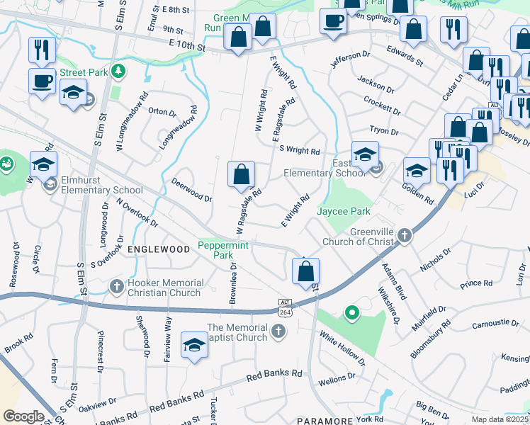 map of restaurants, bars, coffee shops, grocery stores, and more near 2406 Umstead Avenue in Greenville