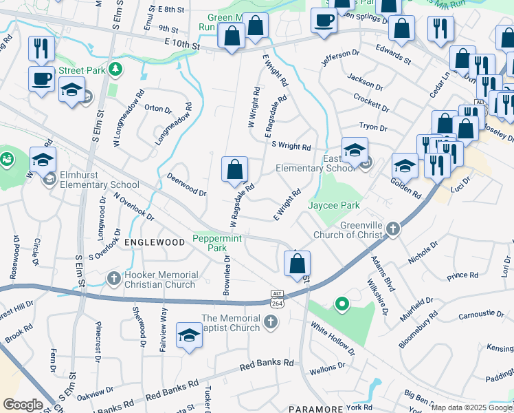 map of restaurants, bars, coffee shops, grocery stores, and more near 2406 Umstead Avenue in Greenville