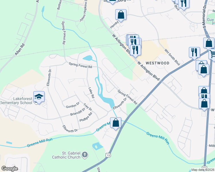 map of restaurants, bars, coffee shops, grocery stores, and more near 900 Spring Forest Road in Greenville