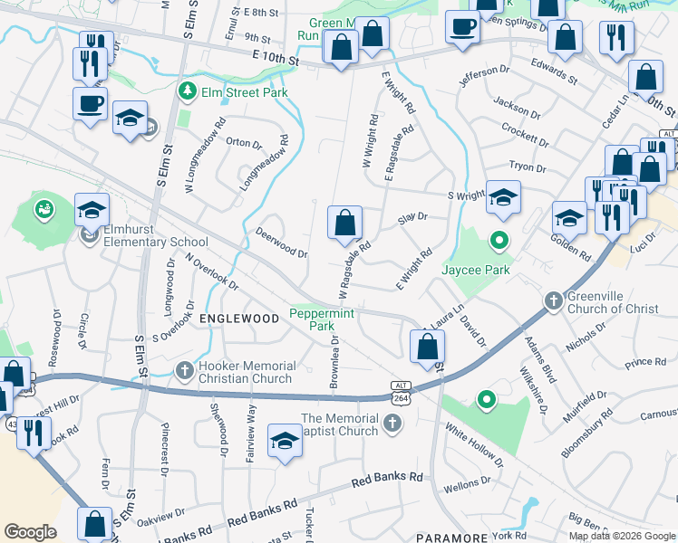 map of restaurants, bars, coffee shops, grocery stores, and more near 102 Tyler Lane in Greenville