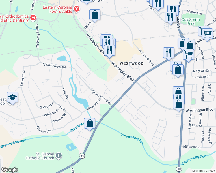 map of restaurants, bars, coffee shops, grocery stores, and more near 985 Spring Forest Road in Greenville