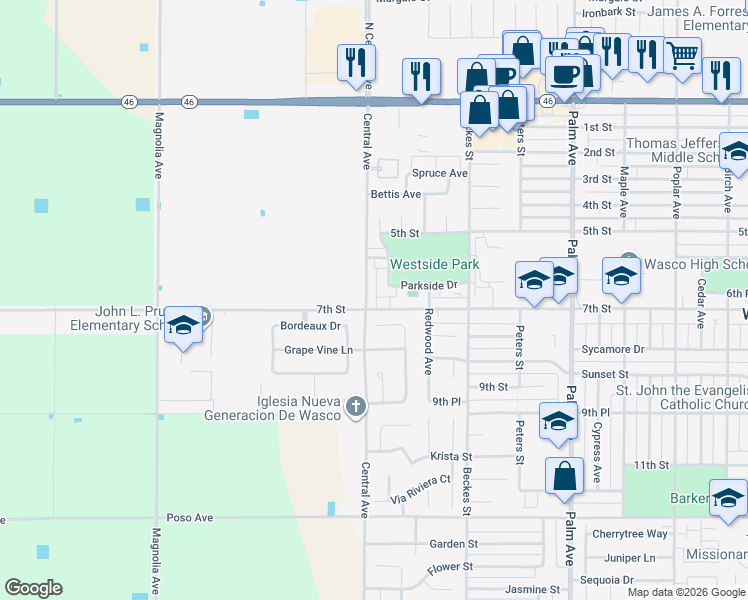 map of restaurants, bars, coffee shops, grocery stores, and more near 641 Woodside Drive in Wasco